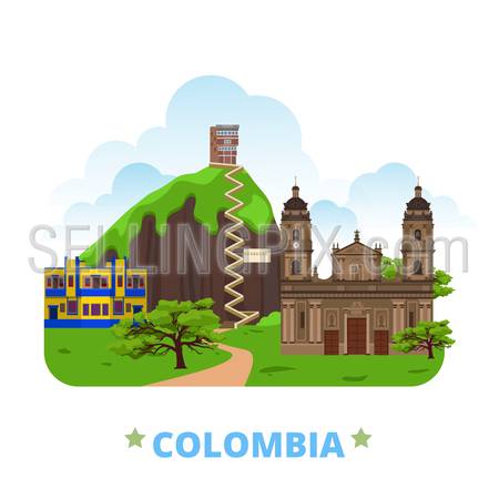 Colombia country badge fridge magnet design template. Flat cartoon style historic sight showplace web site vector illustration. World vacation travel sightseeing South America collection.