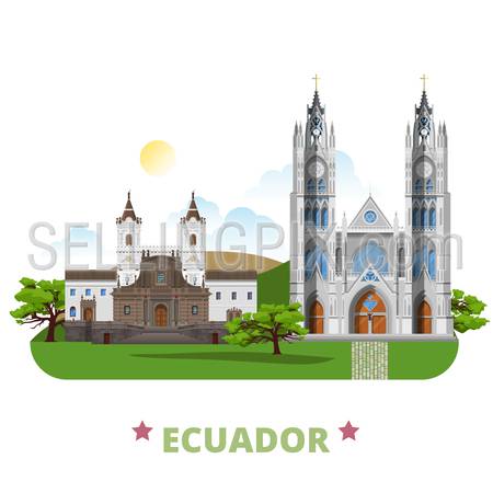 Ecuador country badge fridge magnet design template. Flat cartoon style historic sight showplace web site vector illustration. World vacation travel sightseeing South America collection.