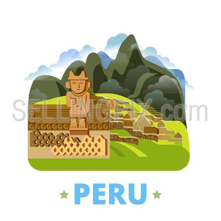 Peru country badge fridge magnet design template. Flat cartoon style historic sight showplace web site vector illustration. World vacation travel sightseeing South America collection.