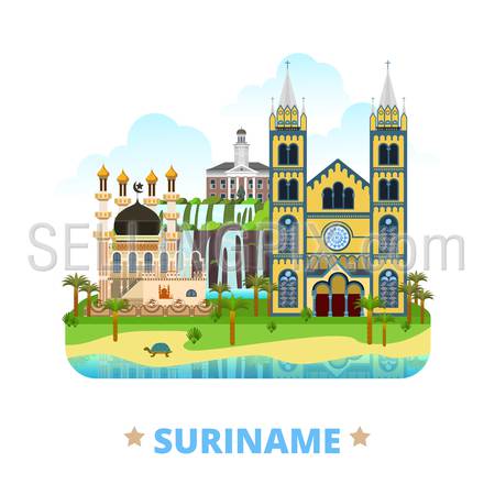 Suriname country badge fridge magnet design template. Flat cartoon style historic sight showplace web site vector illustration. World vacation travel sightseeing South America collection.