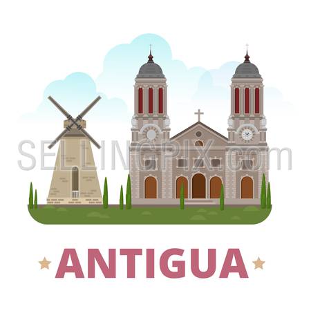 Antigua country badge fridge magnet design template. Flat cartoon style historic sight showplace web site vector illustration. World vacation travel sightseeing North America collection.