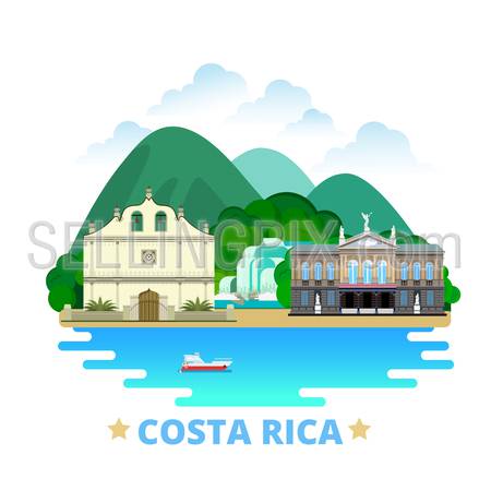 Costa Rica country badge fridge magnet design template. Flat cartoon style historic sight showplace web site vector illustration. World vacation travel sightseeing North America collection.