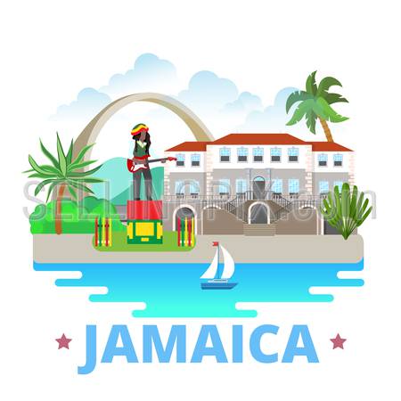 Jamaica country badge fridge magnet design template. Flat cartoon style historic sight showplace web site vector illustration. World vacation travel sightseeing North America collection.