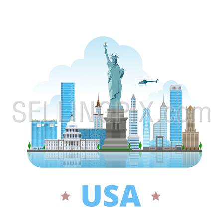 USA United States country badge fridge magnet design template. Flat cartoon style historic sight showplace web site vector illustration. World vacation travel sightseeing North America collection.