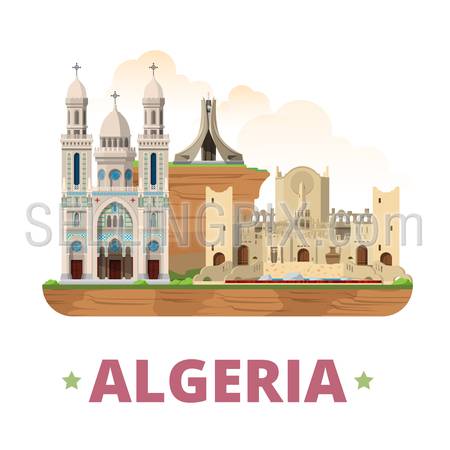 Algeria country badge fridge magnet whimsical design template. Flat cartoon style historic sight showplace web site vector illustration. World vacation travel sightseeing Africa African collection.