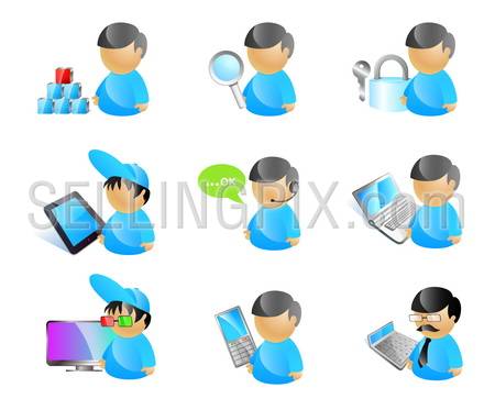 9 vector male avatar icons. 3D TV cinema glasses; mobile phone; accountant calculator; laptop; call center operator; touchpad device; lock key; magnifier glass;  pyramid of cubes solution.