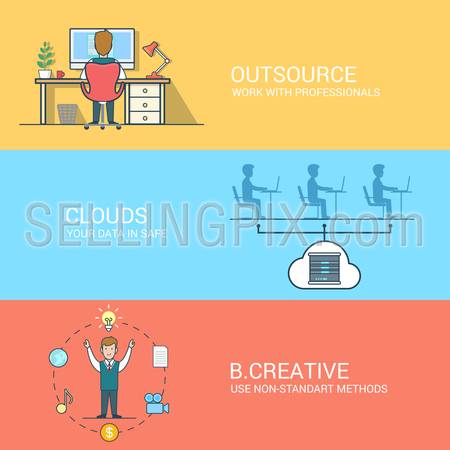 Outsourcing cloud data storage creativity linear flat icon set. Business technology creative line art concept. Website banner infographics design web elements vector illustration. Lineart people.