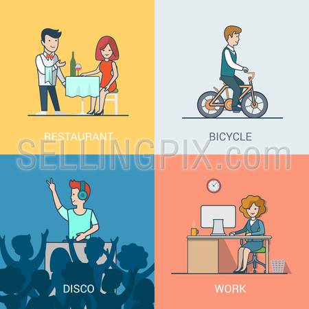 Lifestyle concept linear flat icons set. People leisure holiday restaurant waiter bicycle riding disco music DJ clubbing work. Website click banner infographics design web elements vector illustration