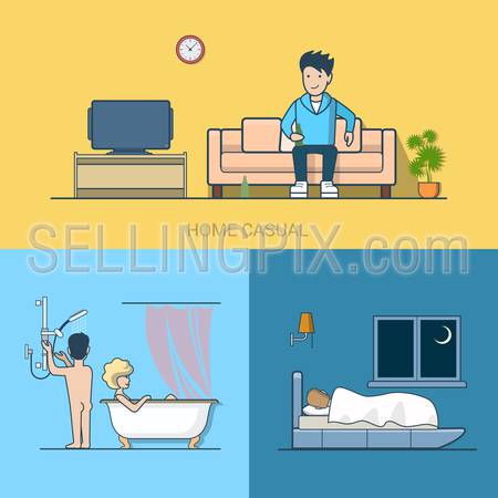 Linear line art people leisure home casual tv beer bathroom bedroom sleep couple. Lifestyle concept flat icons set. Website click banner infographics design web elements vector illustration.