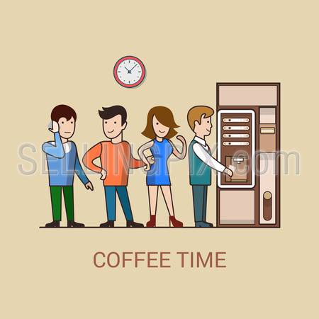 Linear line art business coffee break cartoon concept flat icon. Turn line office stuff people before coffee vending machine. Website click banner infographics design web elements vector illustration.