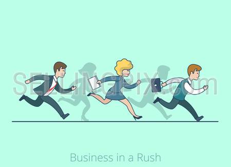 Linear line art flat style Business in a Rush Hurry cartoon concept. Businessman businesswoman run running competition be late vector illustration. Lineart people collection.