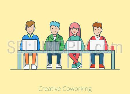 Linear line art coworking flat web infographic concept vector. Co-working cartoon quartet four people table laptops. Office agency work process teamwork brainstorming. Creative people collection.