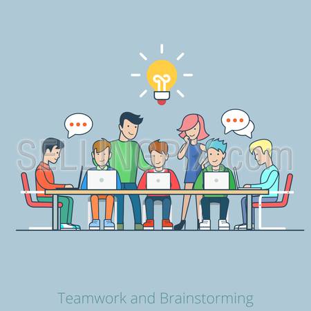 Linear line art flat style idea brainstorming creative team concept web infographics vector illustration. Cartoon people collection. Group of casual young male female working table icon.