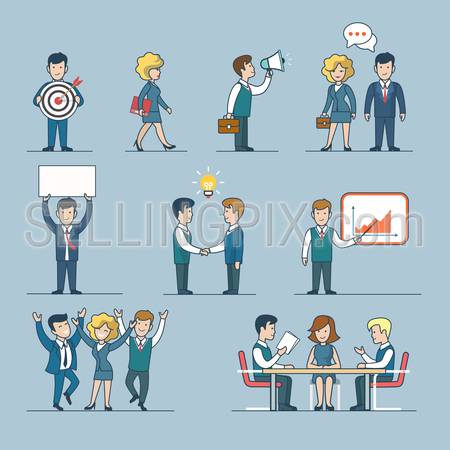 Linear line art flat style business people figures icons. Web template vector icon set. Lifestyle situations icons. Marketing target chat message talk banner hands handshake party report presentation.