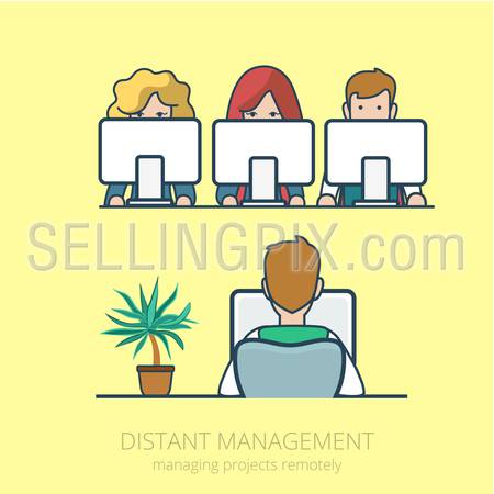 Linear line art business people distant work remotely project management concept flat icon. Infographics design web site elements vector illustration.