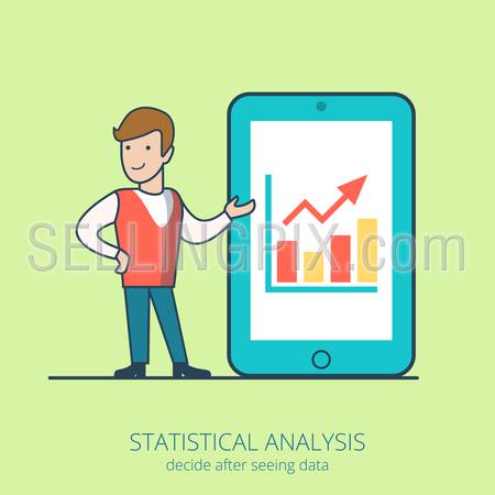 Linear line art business people statistical analysis concept flat icon. Young man big tablet data graphic. Infographics design web site elements vector illustration.