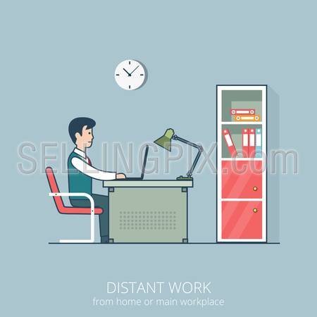Linear flat line art style business distant work workplace office interior concept. Freelance man sitting at the table working laptop. Red shelf books room metal chair clock on grey wall folder lamp.