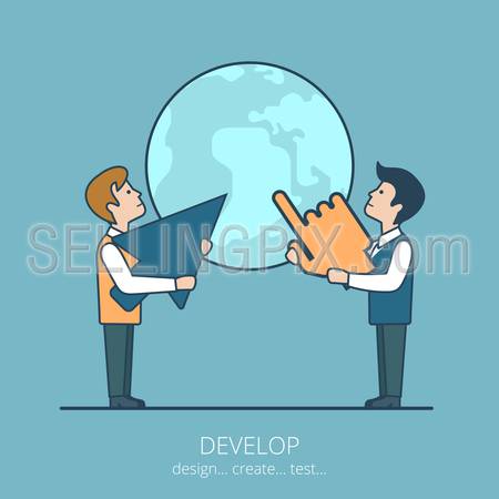 Linear flat line art style business develop idea worldwide concept. Conceptual businesspeople vector illustration collection.