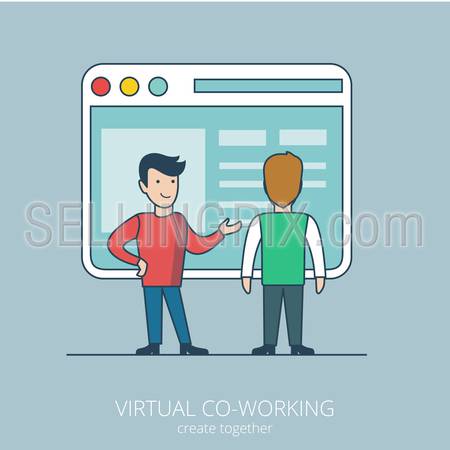 Linear flat line art style virtual coworking business concept. Two male businessman standing before big computer interface window form. Conceptual businesspeople vector illustration collection.