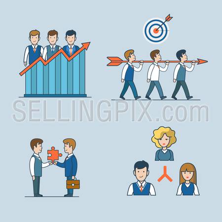 Linear flat line art style business people concept icon set. Team efficiency report teamwork target partnership organization company structure. Conceptual businesspeople vector illustration collection