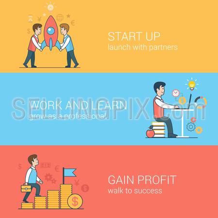 Linear flat line art start up work and learn gain profit concept. Partners launching rocket keep study walk success. Vector icon banners template set. Web illustration. Website infographics elements.