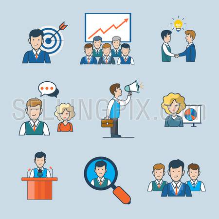 Linear flat line art style business people concept icon set. Targeting report idea partnership chat discuss announce promote speaker conference search team. Conceptual vector illustration collection.