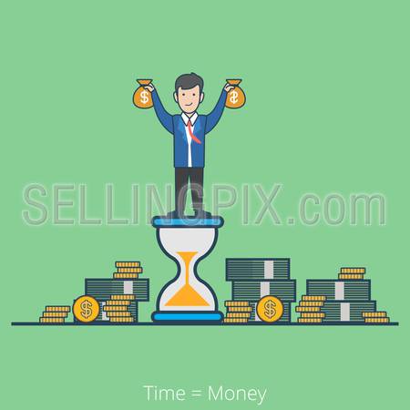 Linear flat line art style time is money business concept. Businessman on hourglass holding moneybags stacks of dollar coin notes. Conceptual businesspeople vector illustration collection.