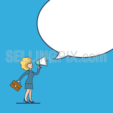 Linear flat line art style business promotion white blank background chat bubble message  template concept. Businesswoman megaphone promo. Conceptual businesspeople vector illustration collection.