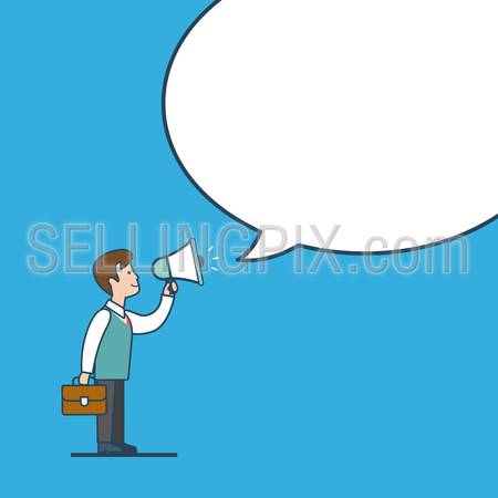 Linear flat line art style business promotion white blank background chat bubble message  template concept. Businessman megaphone promo. Conceptual businesspeople vector illustration collection.