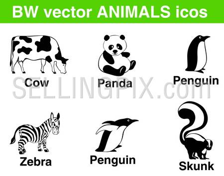 6 b/w vector animals icons. Panda, cow, penguin, zebra, skunk in fancy poses.
