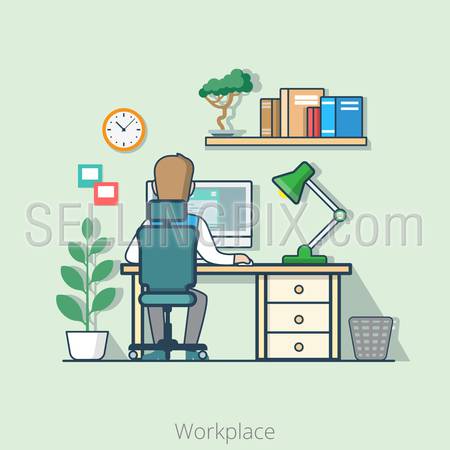 Linear flat line art style business workplace office interior desk concept. Businessman rear back view table computer lamp bookshelf plant. Conceptual businesspeople vector illustration collection.