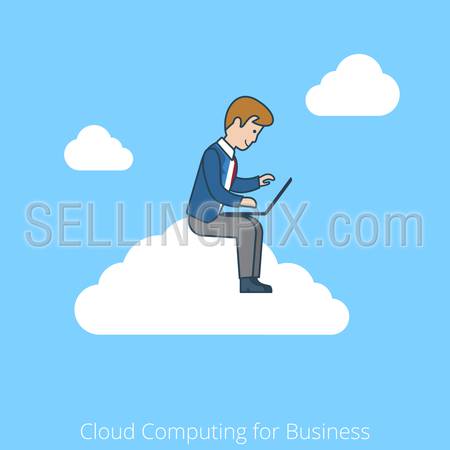 Linear flat line art style cloud computing for business concept. Businessman working laptop sitting cloud. Conceptual businesspeople vector illustration collection.