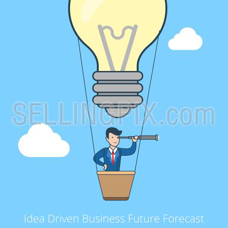 Linear flat line art style idea driven business future forecast concept. Business vision. Businessman flying balloon lamp. Conceptual businesspeople vector illustration collection.