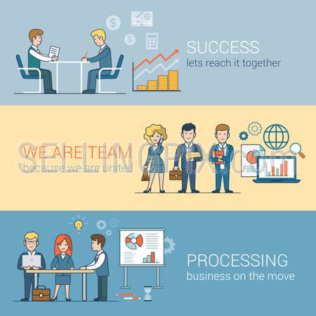 Teamwork Success Processing infographics. Linear flat line art style business people concept. Conceptual businesspeople team work vector illustration collection. Globe laptop table man woman board.