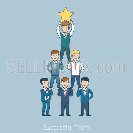 Successful Team men pyramid with star in hands. Teamwork Linear flat line art style business people concept. Conceptual businesspeople team work vector illustration collection. Man support level.