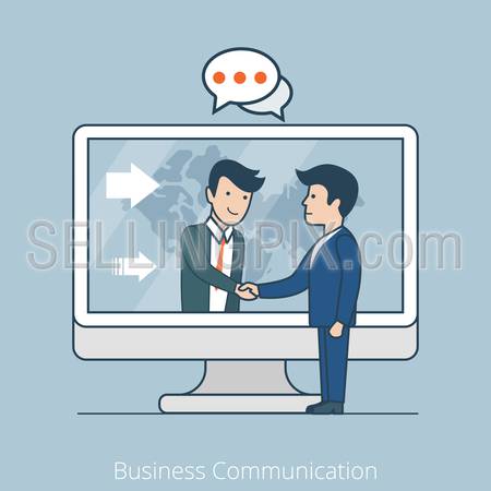 Teamwork Business Communication. Linear flat line art style business people concept. Conceptual businesspeople team work vector illustration collection. Men handshake chat through huge screen map.