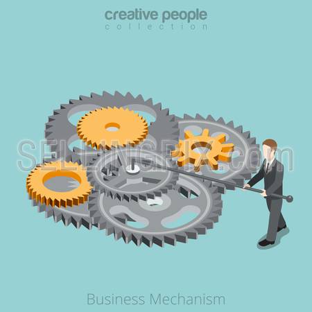 Isometric Business Mechanism gear wheel concept. Flat 3d isometry style web site vector illustration. Creative people collection. Man twist turns gearwheels.