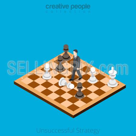 Isometric Unsuccessful business Strategy concept. Flat 3d isometry style web site vector illustration. Creative people collection. Man moves on chess board wrong combination pawn white black.