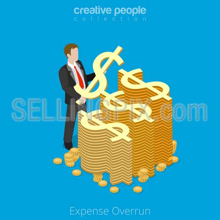 Isometric Expense Overrun business concept. Flat 3d isometry style web site vector illustration. Creative people collection. Man hold symbol dollar spend money expensive coin over limit overdraft.