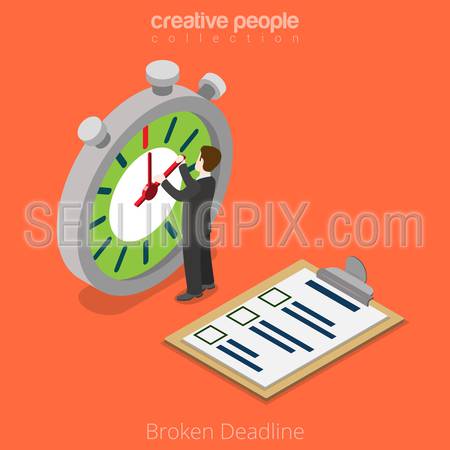 Isometric Broken Deadline over limit business concept. Flat 3d isometry style web site vector illustration. Creative people collection. Man hold timer arrow stopwatch watch stop time overtime timeless