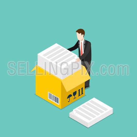 Isometric Office routine paper work business concept. Flat 3d isometry style web site vector illustration. Creative people collection. Man huge yellow box sheet document printed barcode fragile.