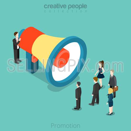 Isometric Promotion advertising business concept. Flat 3d isometry style web site vector illustration. Creative people collection. Man promoter huge megaphone crowed woman speaker phone speech.