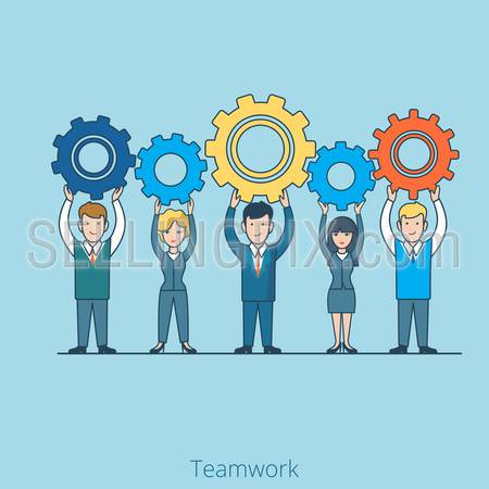 Teamwork Businessman Businesswoman gearwheel in hands. Linear flat line art style business people concept. Conceptual businesspeople team work vector illustration collection.