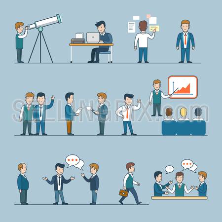 Office team life work coffee break report conversation. Linear flat line art style business people figures icons. Conceptual businesspeople vector illustration collection. Boss graphic laptop spyglass.