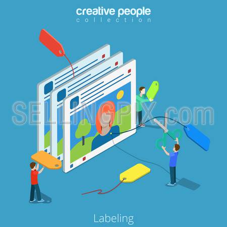 Isometric Labeling social network labels concept. Flat 3d isometry style web site vector illustration. Creative people collection. Man with scissors cut off label picture photo woman prepossession.