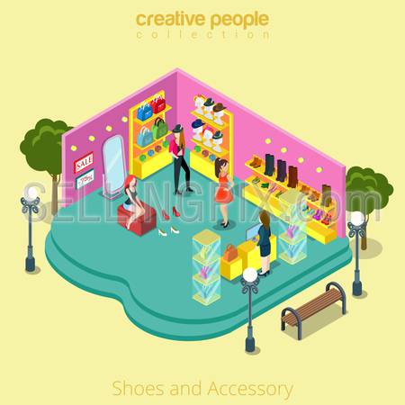 Flat isometric Fashion shop with Shoes and Accessory vector illustration. 
Customers in store, shelves with hats, bags 3d isometry concept.