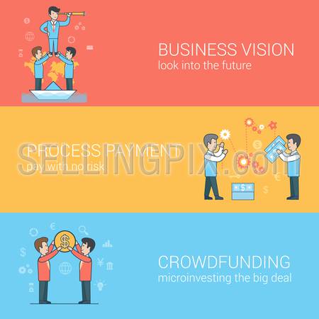 Linear Flat crowdfunding, business vision, payment processing concepts set for website hero images. Businessmen holding leader, paying process, people holding coin vector illustration.
