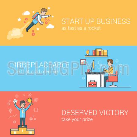 Linear Flat business startup, irreplaceable staff, success concepts set for website hero images. Businessmen flying jetpack, worker at workplace, winner on pedestal vector illustration.