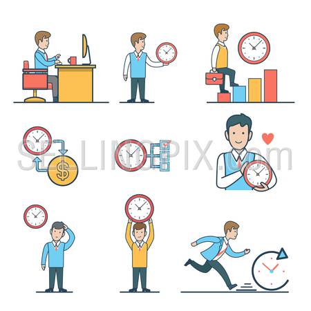 Linear Flat Time management concepts set for website hero images. 
Businessmen with clock, Man sitting at the table, climb diagram, manage time character vector illustration.