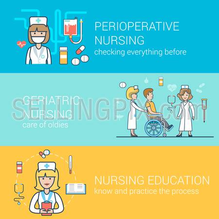 Linear Flat medical staff concepts set for website hero images.
Nurse with patient on wheelchair, education, perioperative health care vector illustration.
